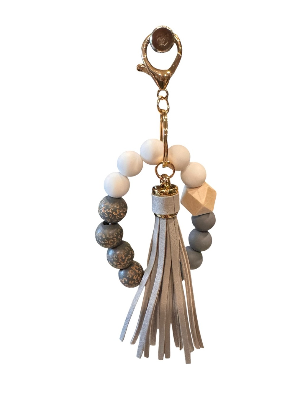 Neutral Bead & Tassel Keychain Wristlet - Gray/White
